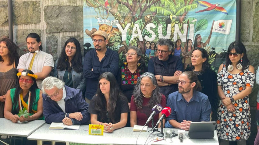 Rueda de prensa de Yasunidos sobre la consulta popular, el 9 de mayo de 2023. 
