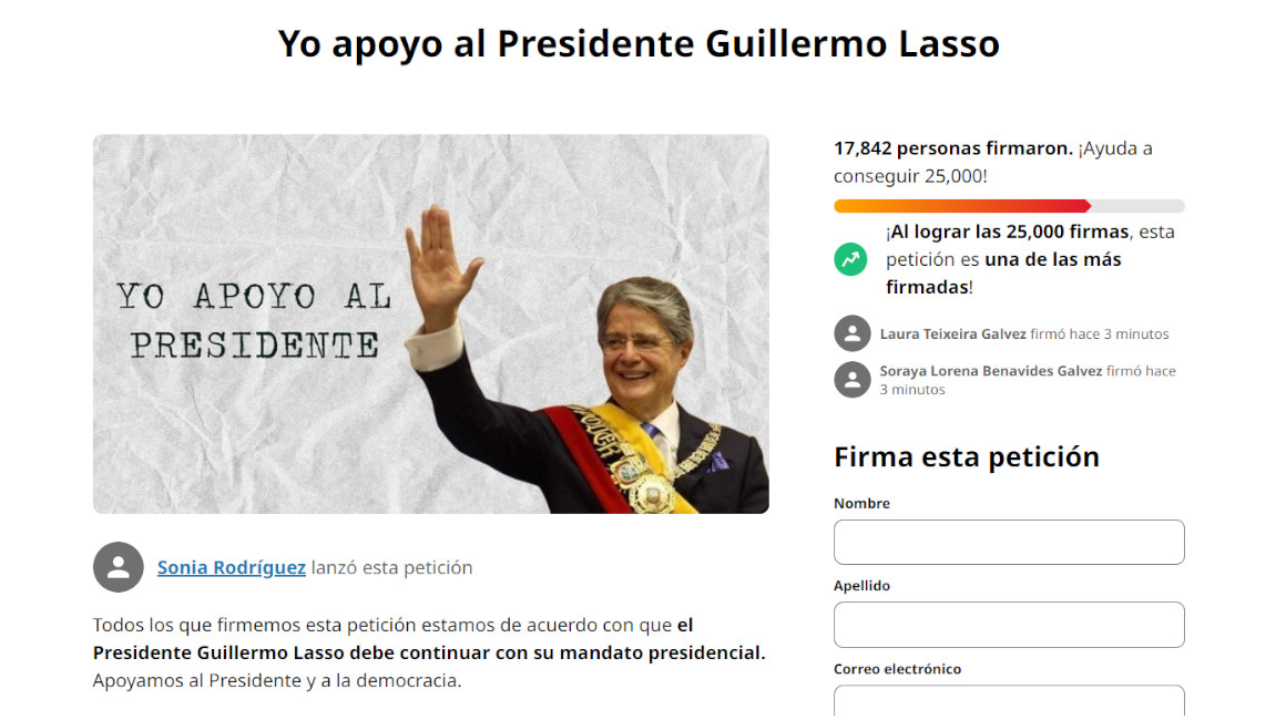 Petición digital a favor del presidente Guillermo Lasso, el 15 de mayo de 2023.