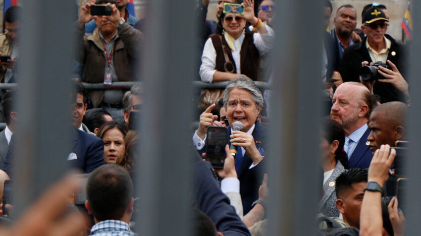 El presidente Guillermo Lasso llega al Palacio Legislativo, para su defensa en el juicio político, este 16 de mayo de 2023.