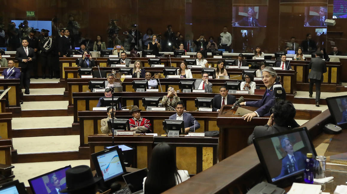 El presidente Guillermo Lasso, durante su intervención en el Pleno de la Asamblea Nacional, el 16 de mayo de 2023.