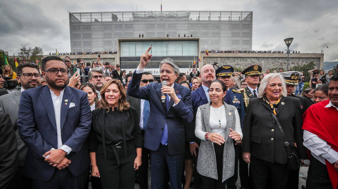 El presidente Guillermo Lasso, a su llegada al Palacio Legislativo, para su defensa en el juicio político, este 16 de mayo de 2023.