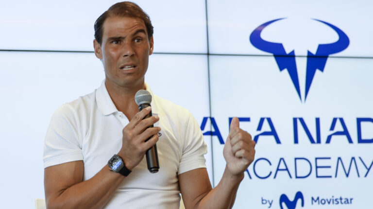 Rafael Nadal en conferencia de prensa en su academia en Manacor, el 18 de mayo de 2023.