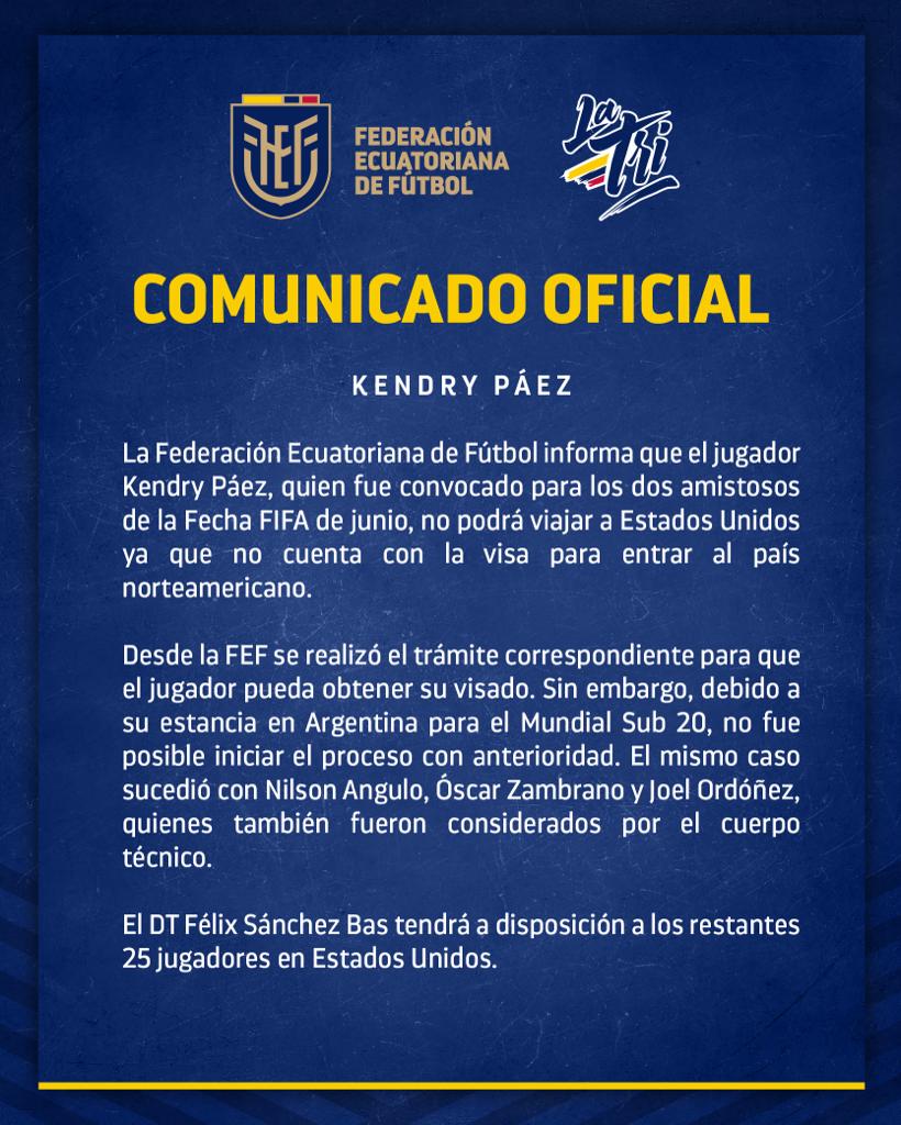 Comunicado de la FEF sobre Kendry Páez.