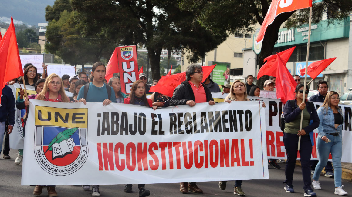 Marcha de la UNE en Quito, para exigir el respeto a la Ley de Educación, el 9 de junio de 2023.