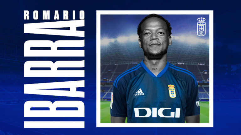 Afiche de bienvenida del jugador Romario Ibarria al Real Oviedo, el 16 de junio de 2023.