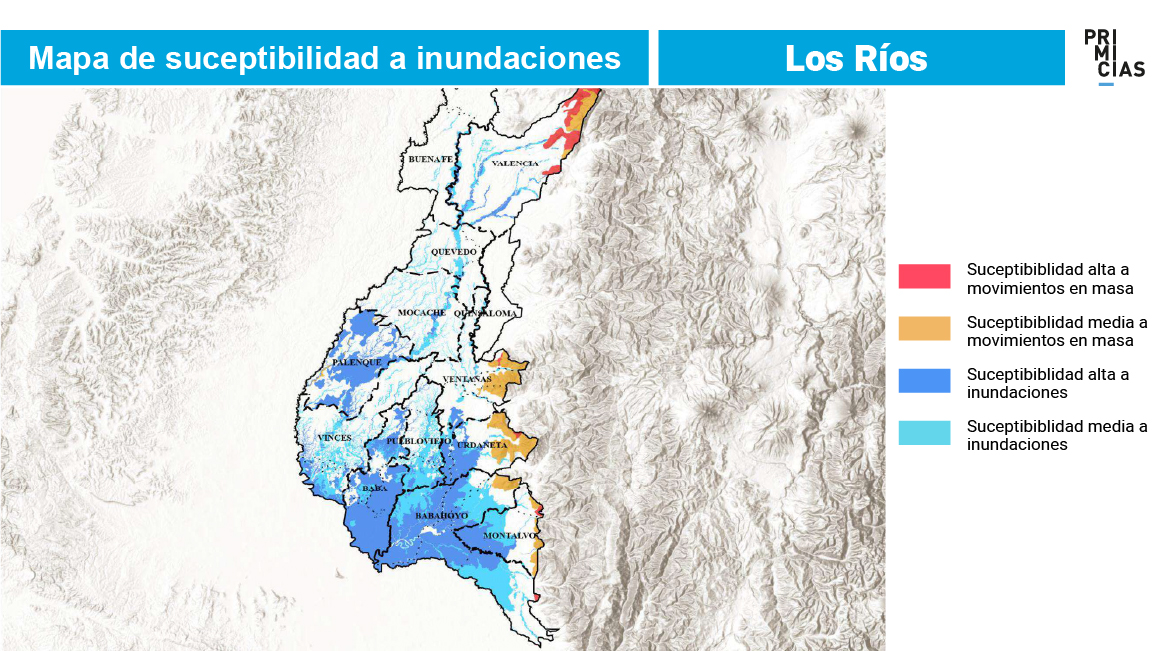 El Niño, mapa de susceptibilidad a inundaciones, provincia de Los Ríos.