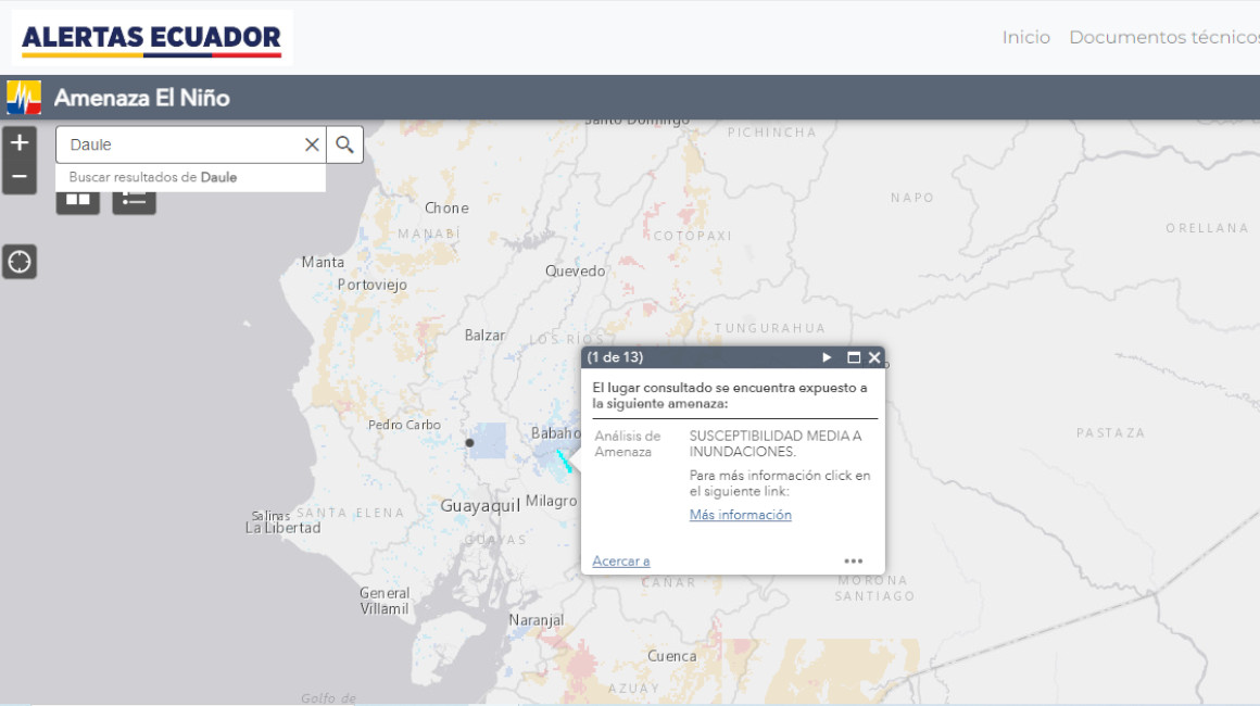 Captura de pantalla del mapa de amenazas, en el portal sobre el fenómeno de El Niño.
