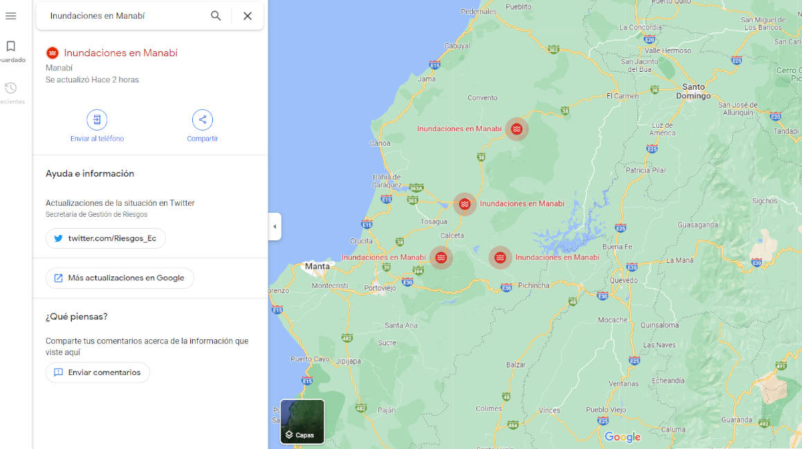 Alerta de Google Maps de inundaciones en Manabí, el 12 de julio de 2023.
