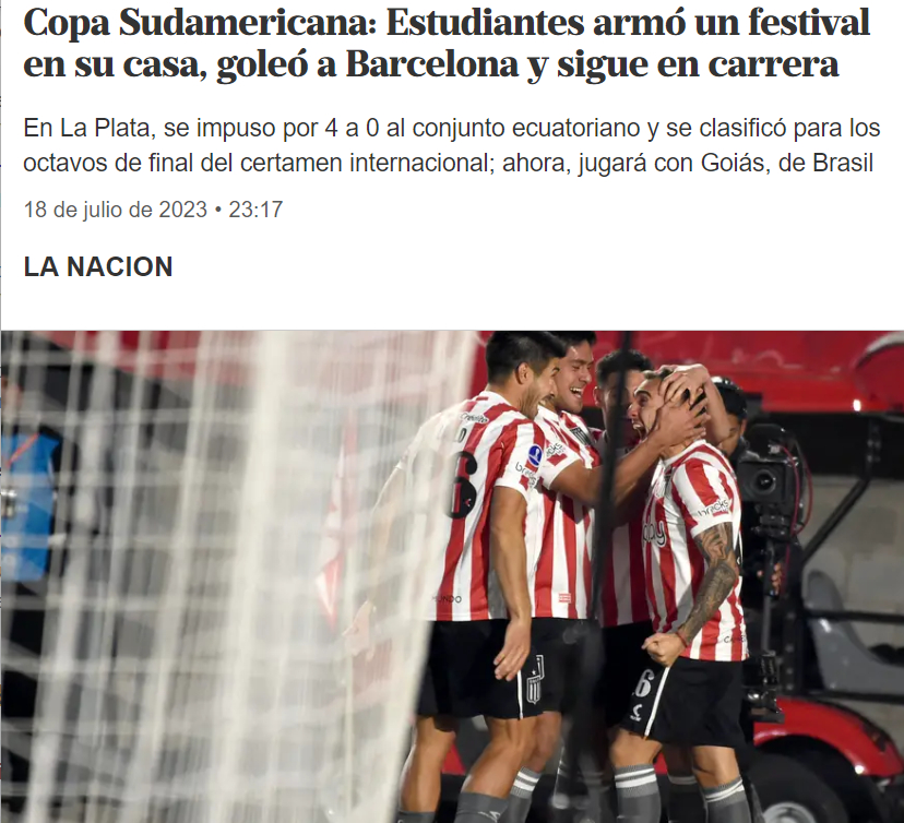 Diario La Nación sobre la victoria de Estudiantes ante Barcelona, el 18 de julio de 2023. 