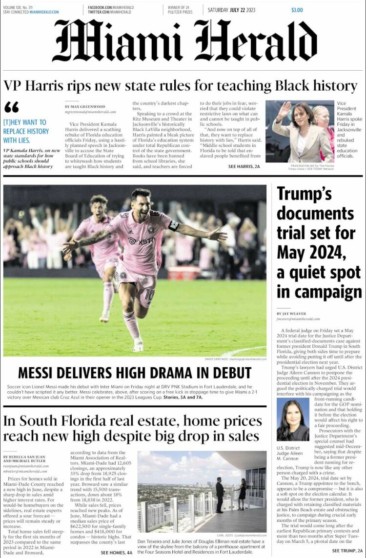 El Miami Herald dedicó su portada del 22 de julio a Lionel Messi.