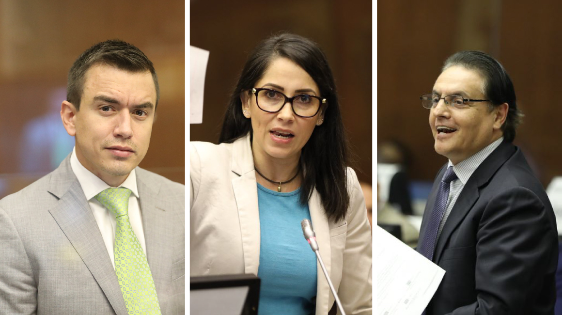 Daniel Noboa, de ADN; Luisa González, la candidata de RC a la Presidencia, y Fernando Villavicencio, el candidato de Construye, en su tiempo como asambleístas.