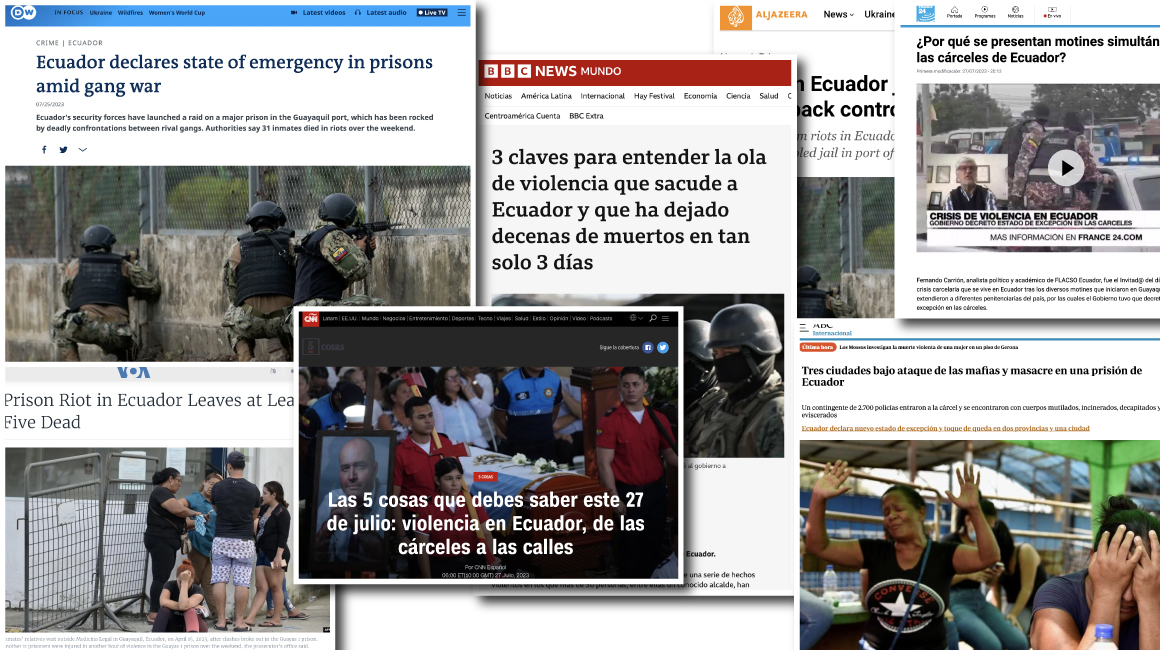 Principales portadas de medios internacionales recogen ola de violencia en Ecuador. Composición del 27 de julio de 2023.
