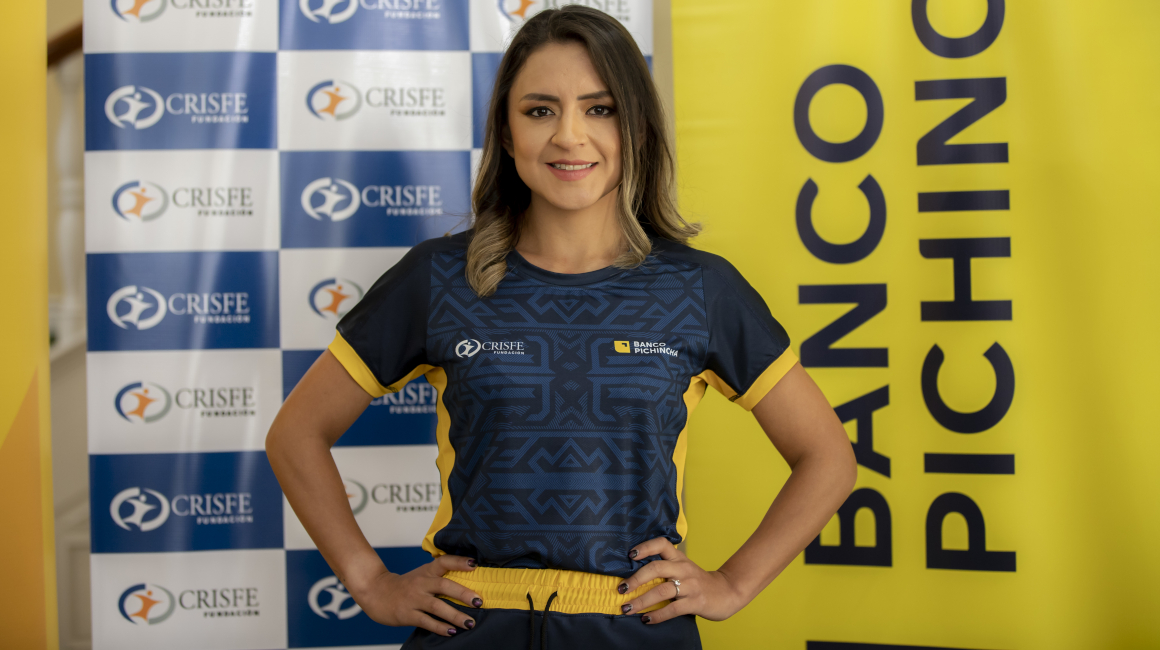 Glenda Morejón, en Quito, en una rueda de prensa después de lograr la clasificación a París 2024. 