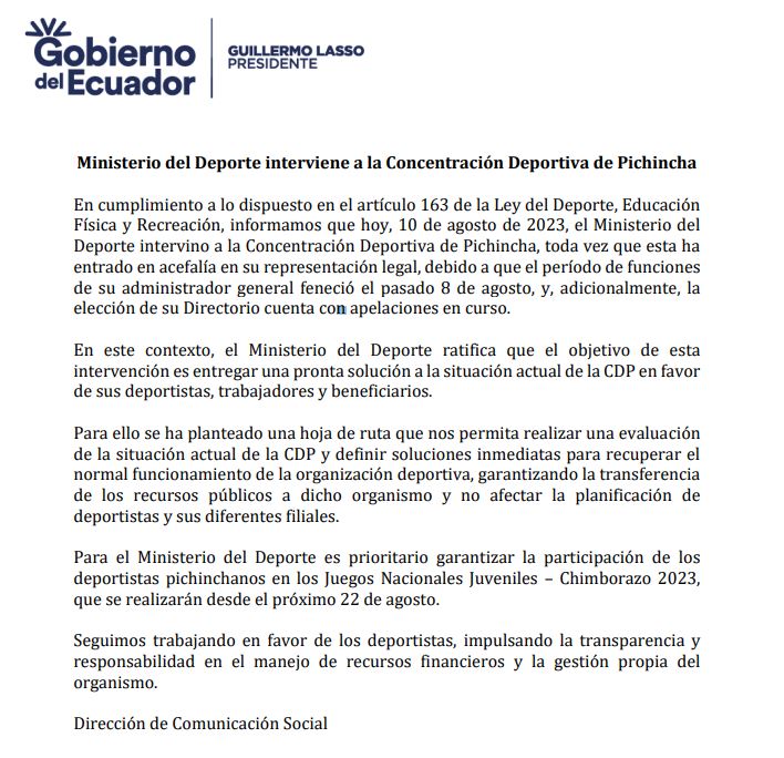 Ministerio del Deporte interviene a la Concentración Deportiva de Pichincha.