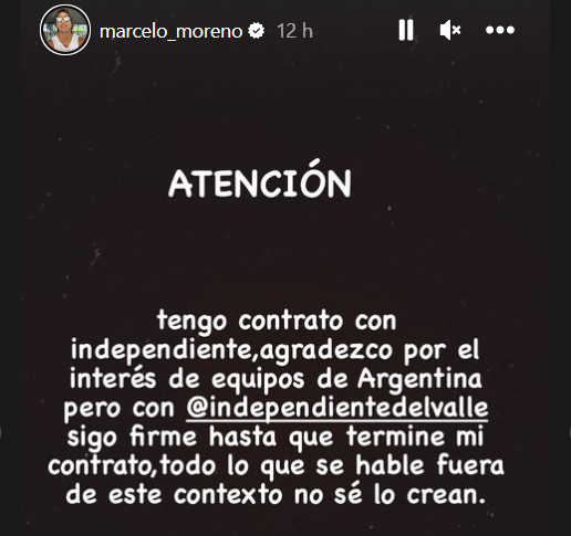Historia de Marcelo Moreno Martins en Instagram, el 14 de agosto de 2023. 