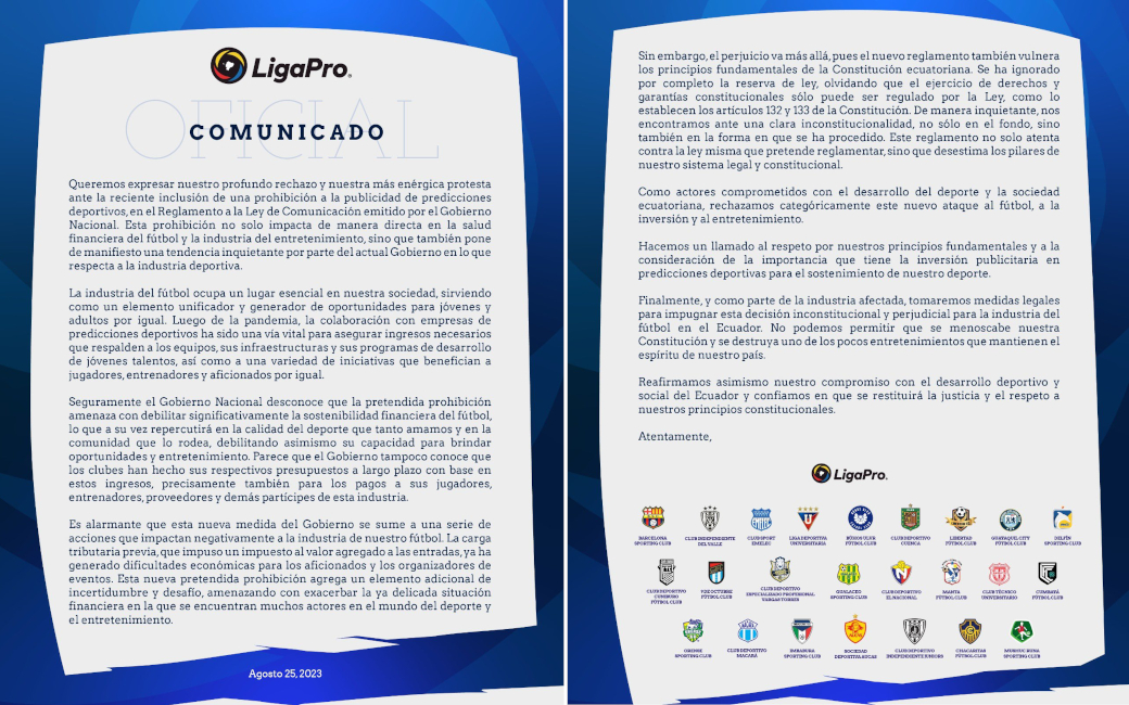 Comunicado de la LigaPro sobre la prohibición de publicidad de apuestas deportivas.