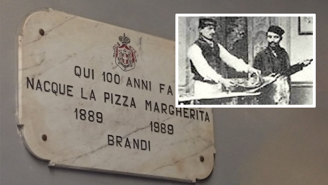 Placa que conmemora el los 100 años de la pizza Margarita. Raffaele Esposito es considerado el padre de la pizza moderna. 