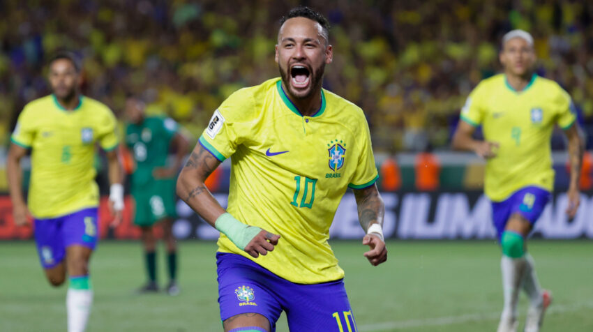 Neymar Jr. celebra su gol en el partido de Brasil ante Bolivia por las Eliminatorias, el 8 de septiembre de 2023.