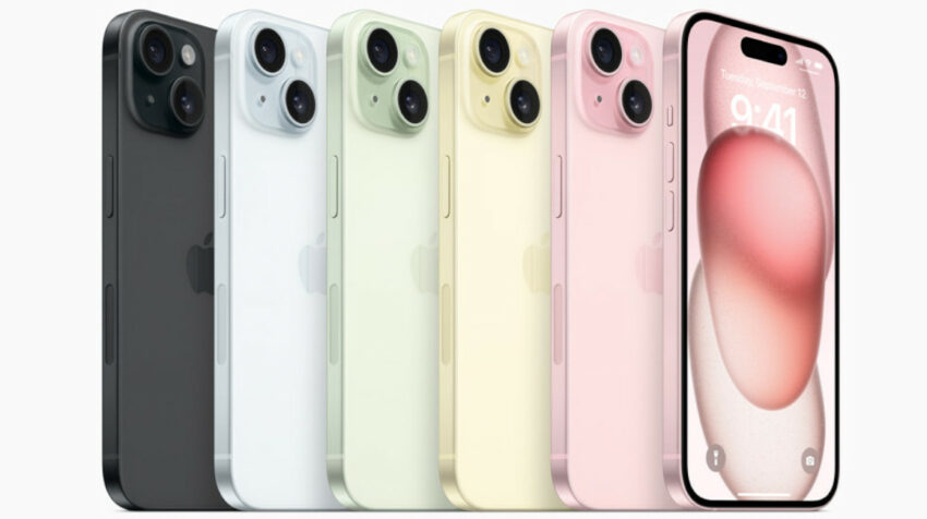 Vista frontal del nuevo iPhone 15 que estará disponible en seis tonalidades. 