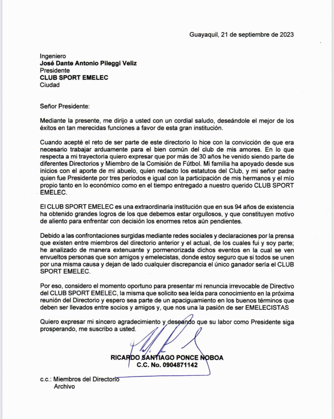 Esta fue la carta de renuncia presentada por Ricardo Ponce al directorio de Emelec.