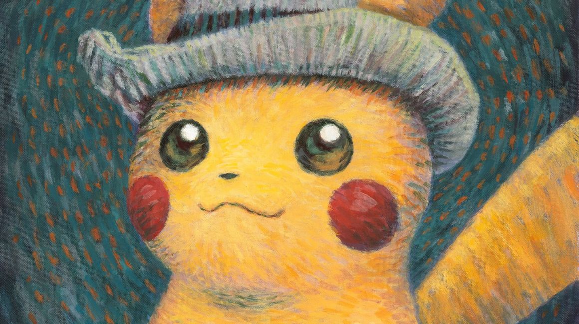 Pikachu con un sombrero de fieltro gris, en referencia a la obra de Vincent van Gogh "Autorretrato con sombrero de fieltro gris" (1887).