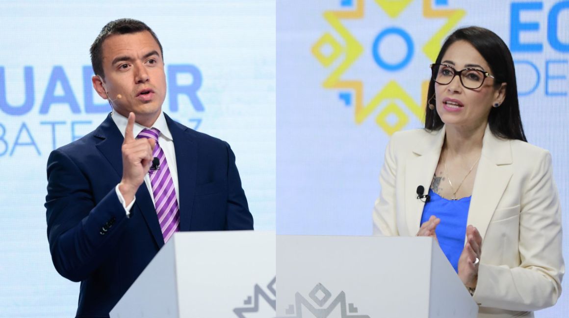 Daniel Noboa y Luisa González en el debate presidencial del 1 de octubre de 2023, previo a la segunda vuelta electoral.