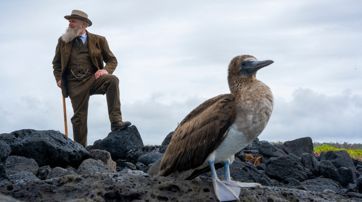 Kenneth Noll, el un disfraz del biólogo Charles Robert Darwin, en Galápagos este 28 de septiembre de 2023.