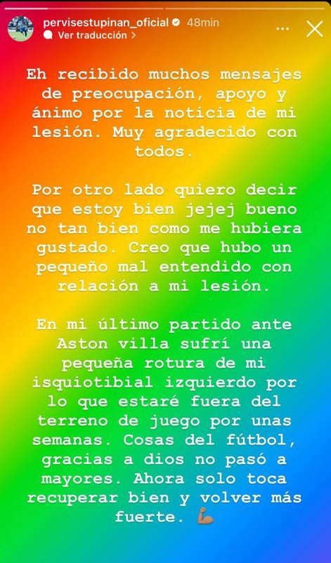 Este es el mensaje que compartió Pervis Estupiñán en su cuenta de Instagram.
