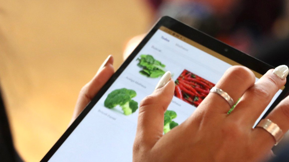 Imagen referencial de una persona comprando vegetales por una aplicación móvil.