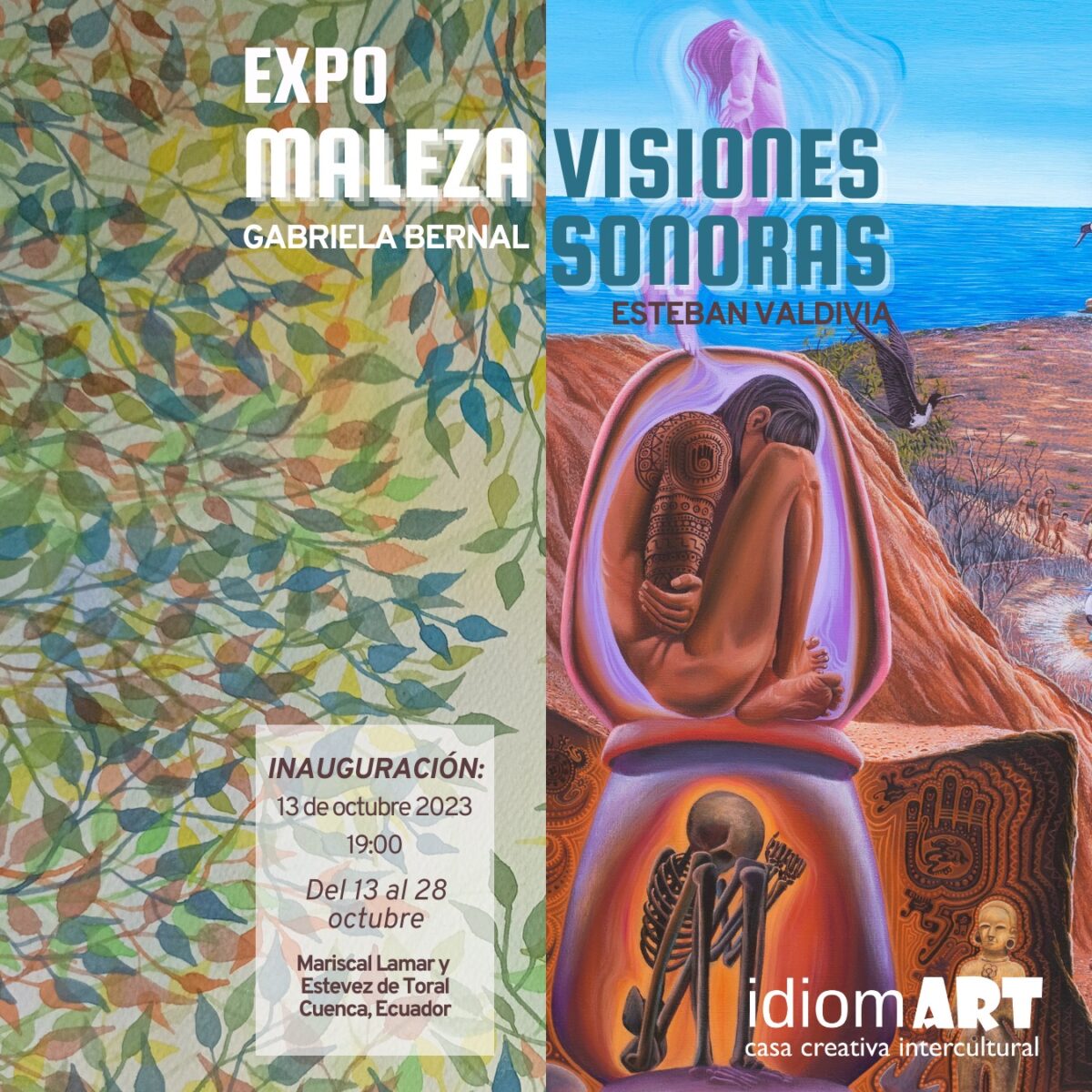 Afiche de exposiciones 'Maleza' y 'Visiones Sonoras' en idiomART