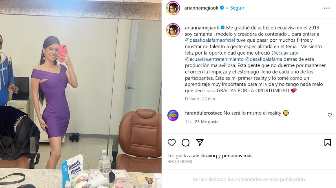 Publicación de Arianna Mejía en su cuenta personal de Instagra.