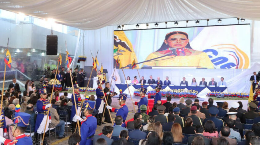 La presidenta del CNE, Diana Atamaint, en su discurso de inauguración de la segunda vuelta, el 15 de octubre de 2023.