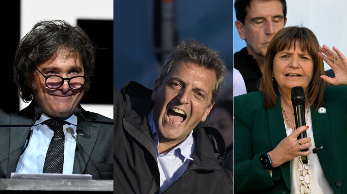 Javier Milei, Sergio Massa y Patricia Bullrich, candidatos presidenciales de Argentina, en octubre de 2023.