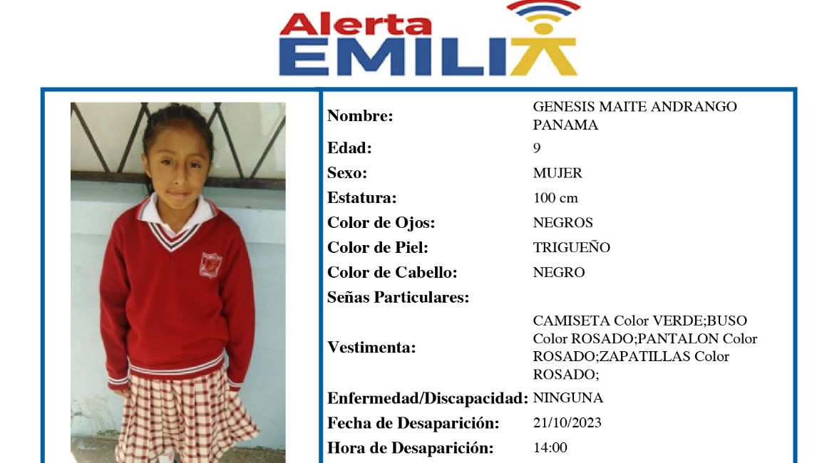 Alerta Emilia: Fiscalía pide ayuda para hallar a niña en Quito