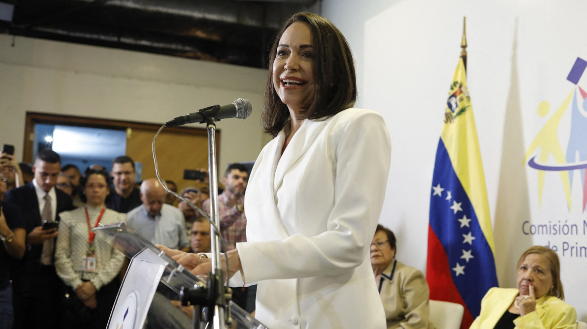 María Corina Machado, en el acto de proclamación como candidata unitaria de la oposición para las elecciones presidenciales de 2024. Caracas, Venezuela.