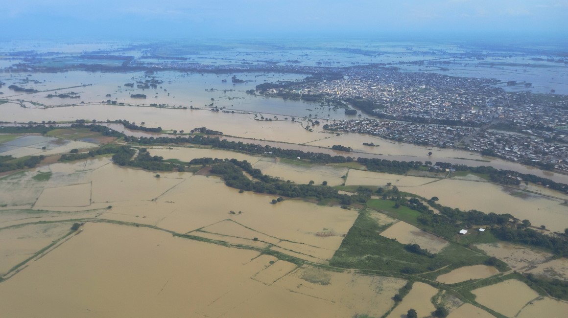 Amplias zonas agrícolas inundadas en cercanías a la ciudad de Babahoyo, en Los Ríos, en marzo del 2023.