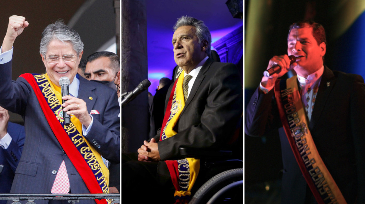 Los presidentes Guillermo Lasso en 2021, Lenín Moreno en 2017 y Rafael Correa en 2013.