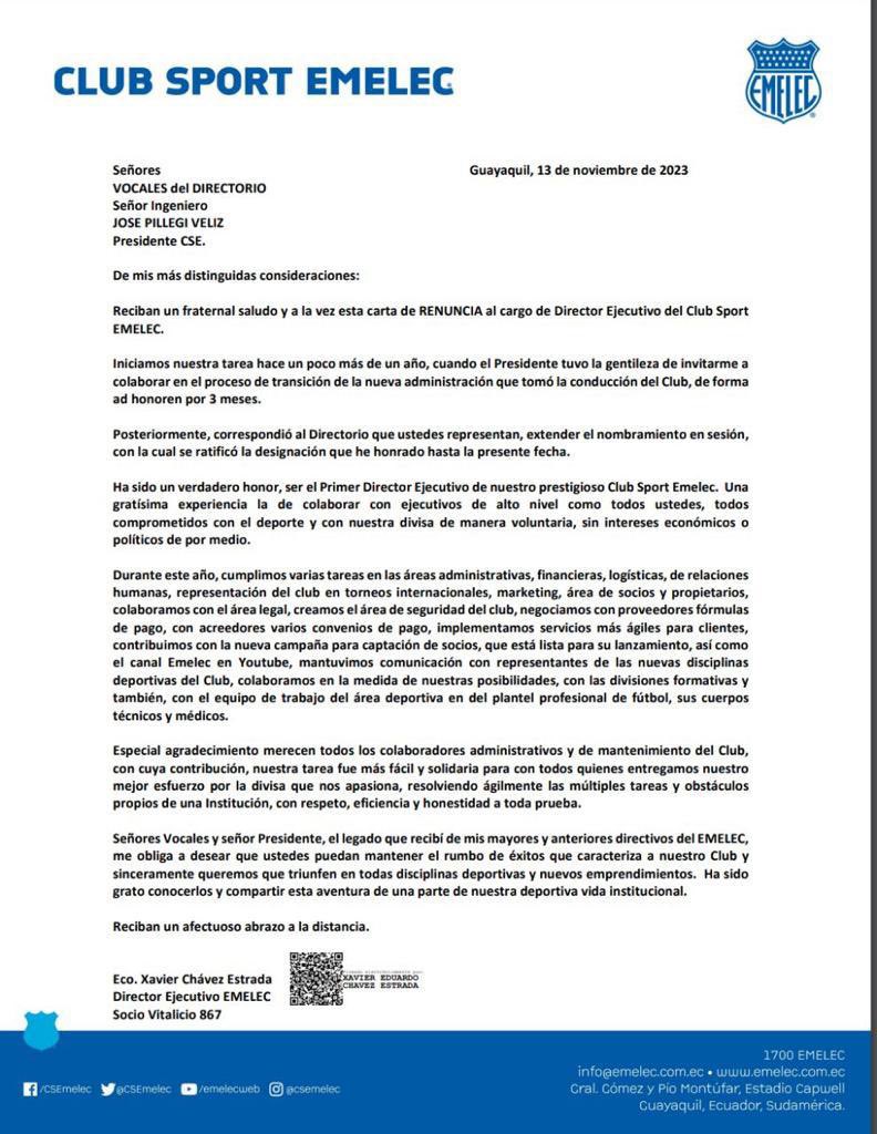 Carta de renuncia de Xavier Chávez.