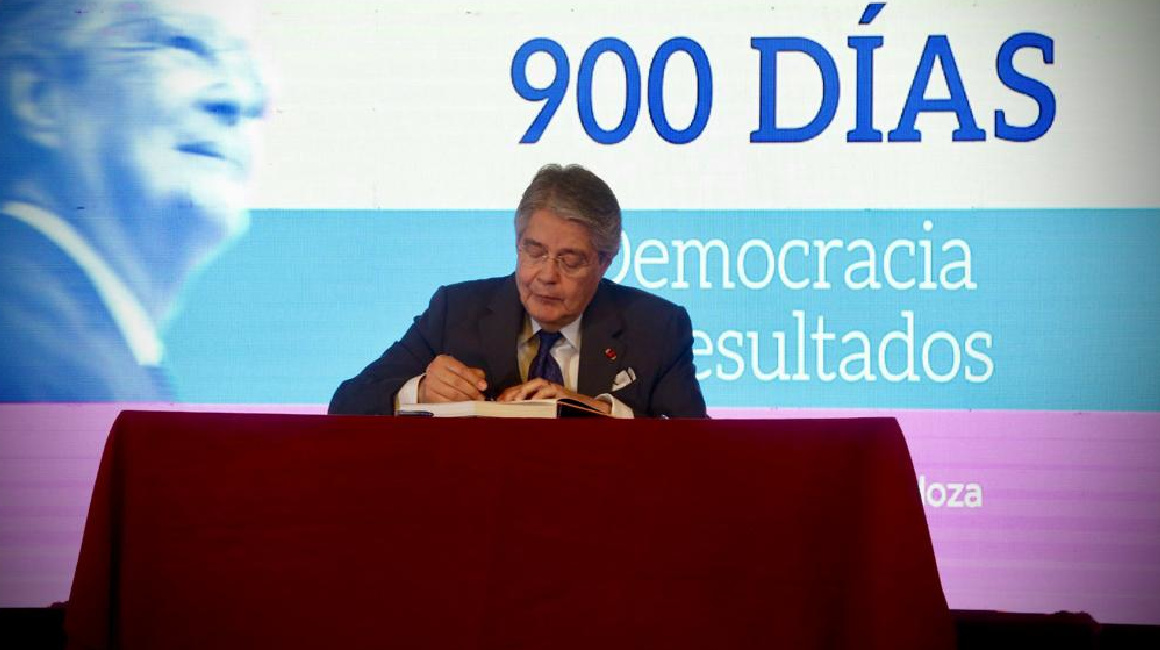 Guillermo Lasso, presidente saliente, en la presentación de un libro sobre sus 900 días de gestión el 21 de noviembre de 2023.