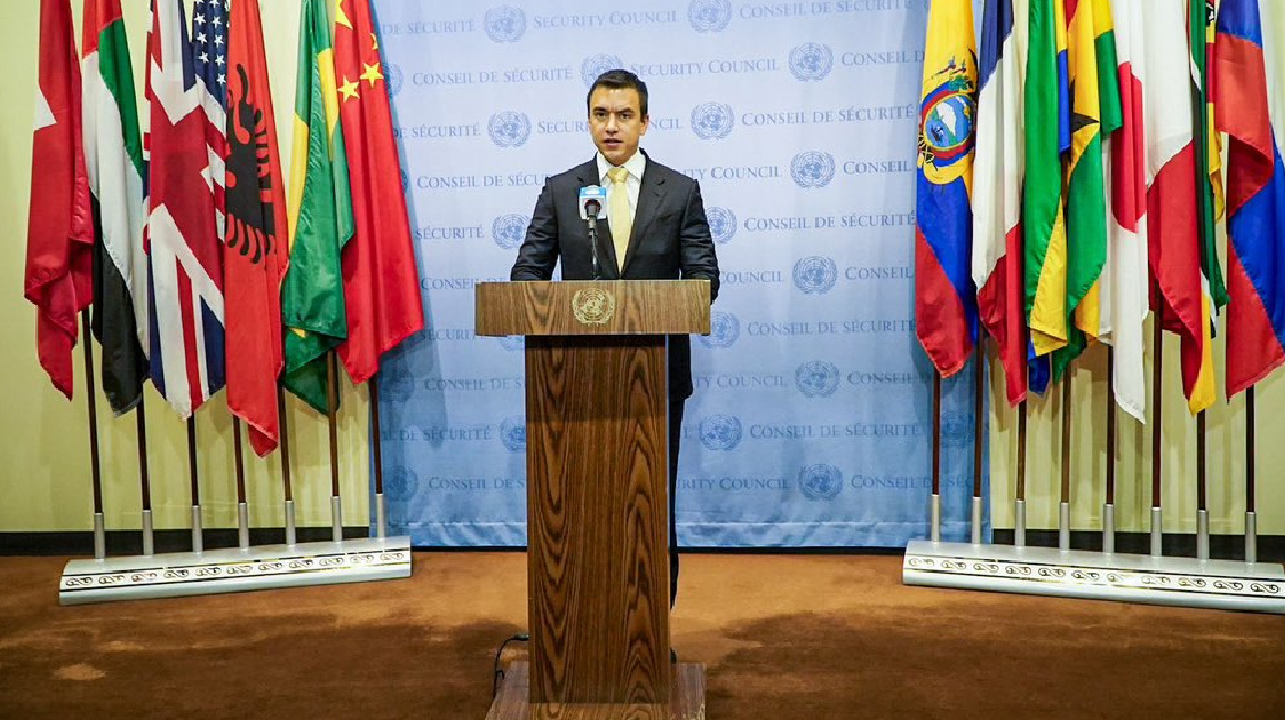 El presidente Daniel Noboa, en su visita a la sede de Naciones Unidas, en Nueva York, el 7 de diciembre de 2023.