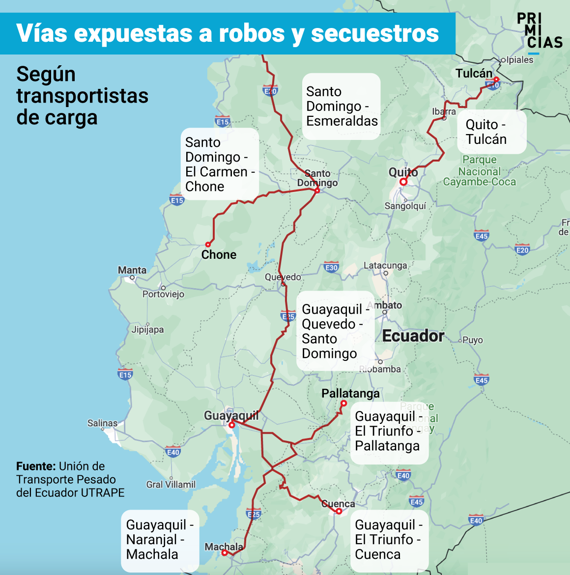 Mapa Vias Ecuador robos secuestros transportistas