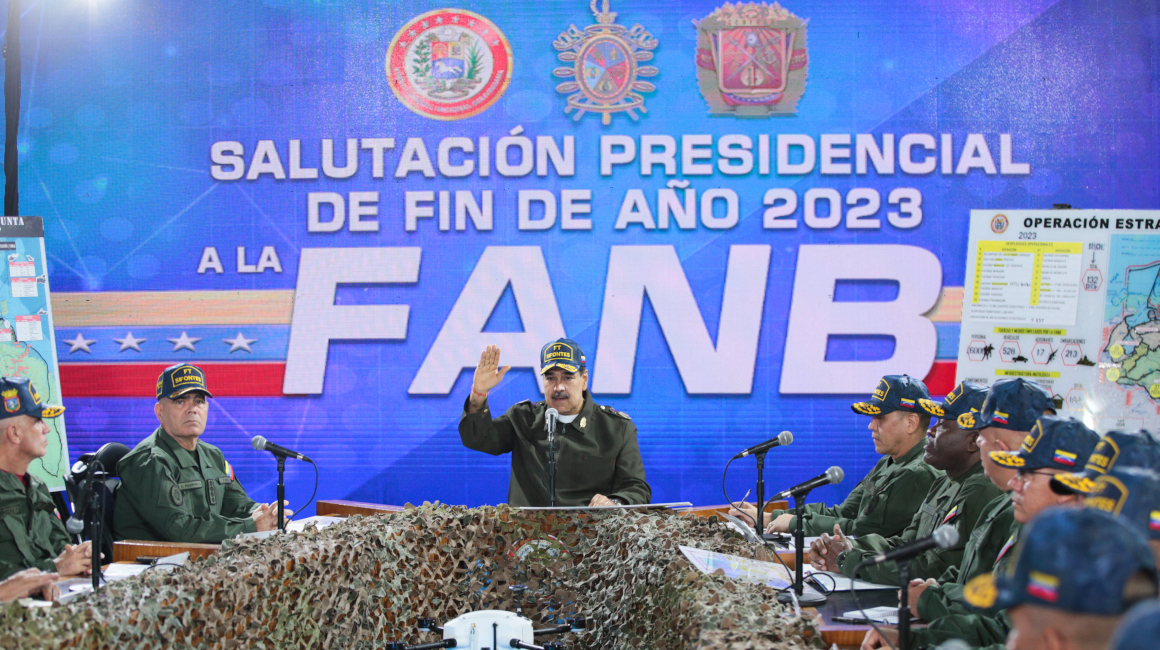 El presidente de Venezuela, Nicolás Maduro, en una rueda de prensa, el 28 de diciembre de 2023.