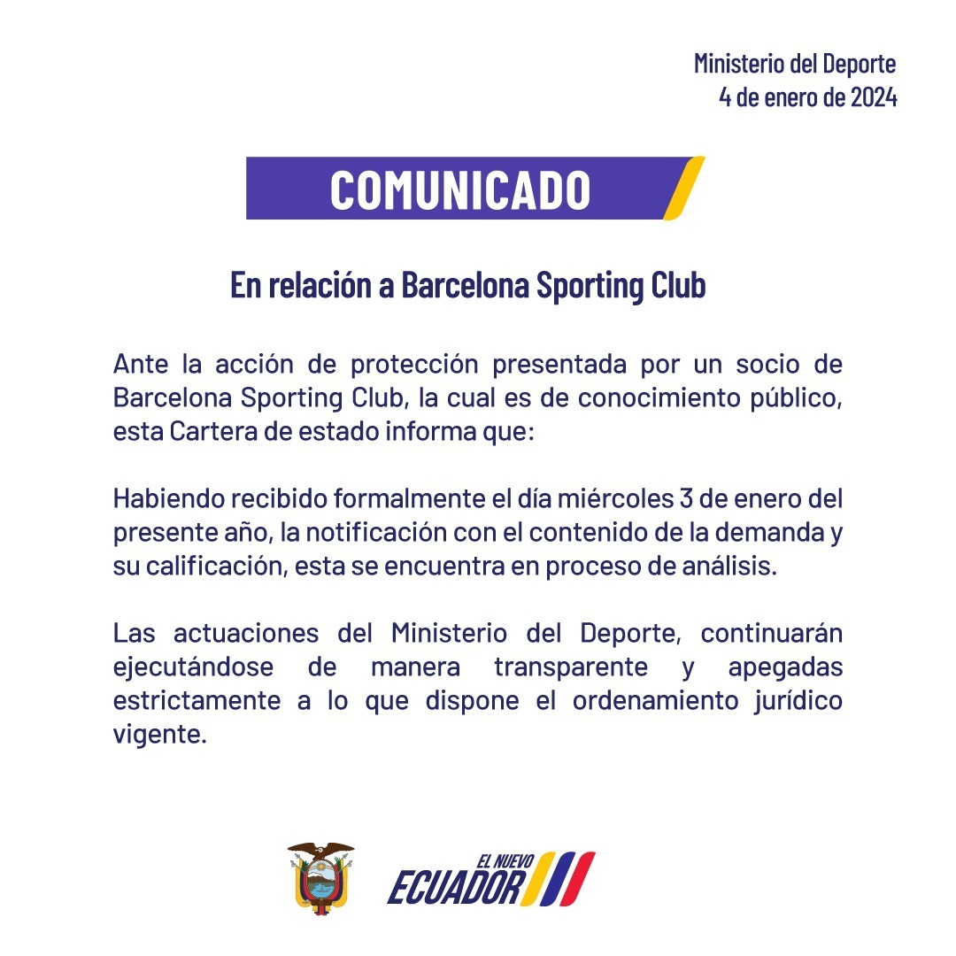 Respuesta del Ministerio del Deporte a la acción de protección de Barcelona SC.
