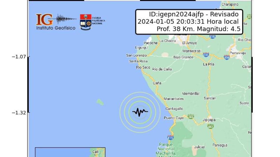 Un sismo con epicentro en el Pacífico sacudió a Manabí, la noche de este viernes 5 de enero de 2024.