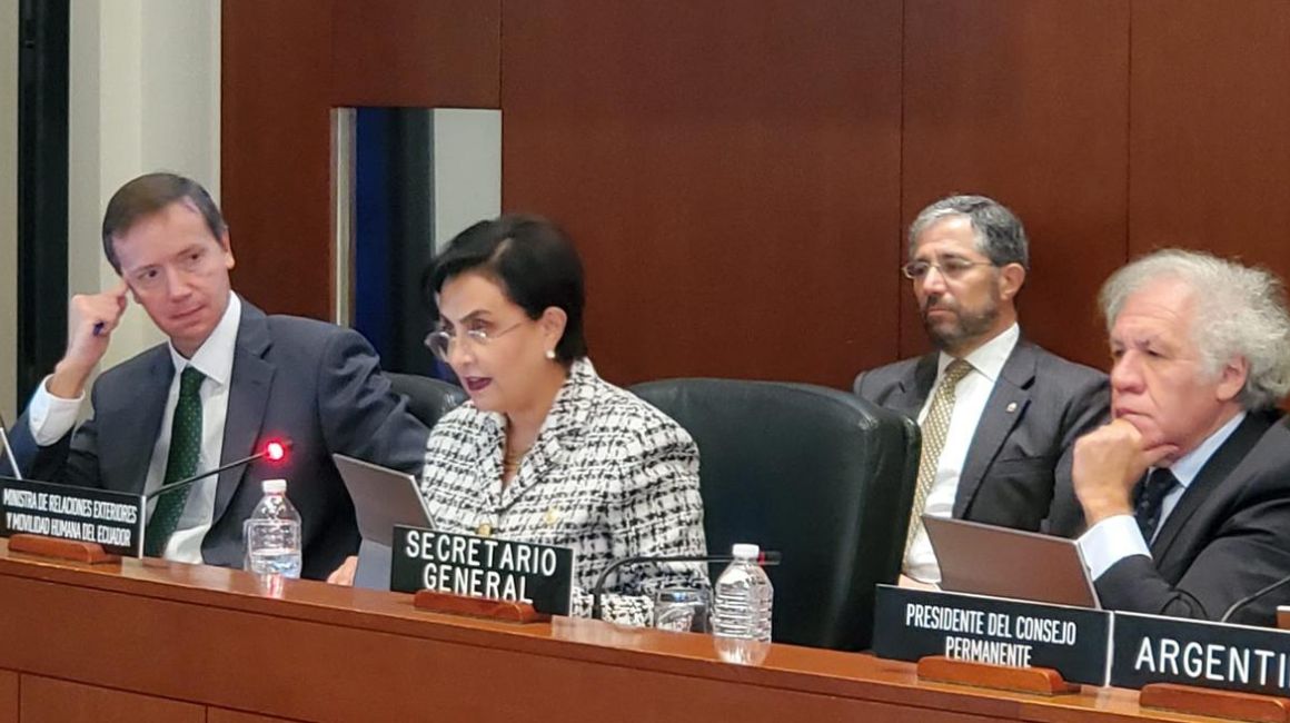 La canciller Gabriela Sommerfeld en la sesión extraordinaria del Consejo Permanente de la OEA, el 12 de enero de 2024.
