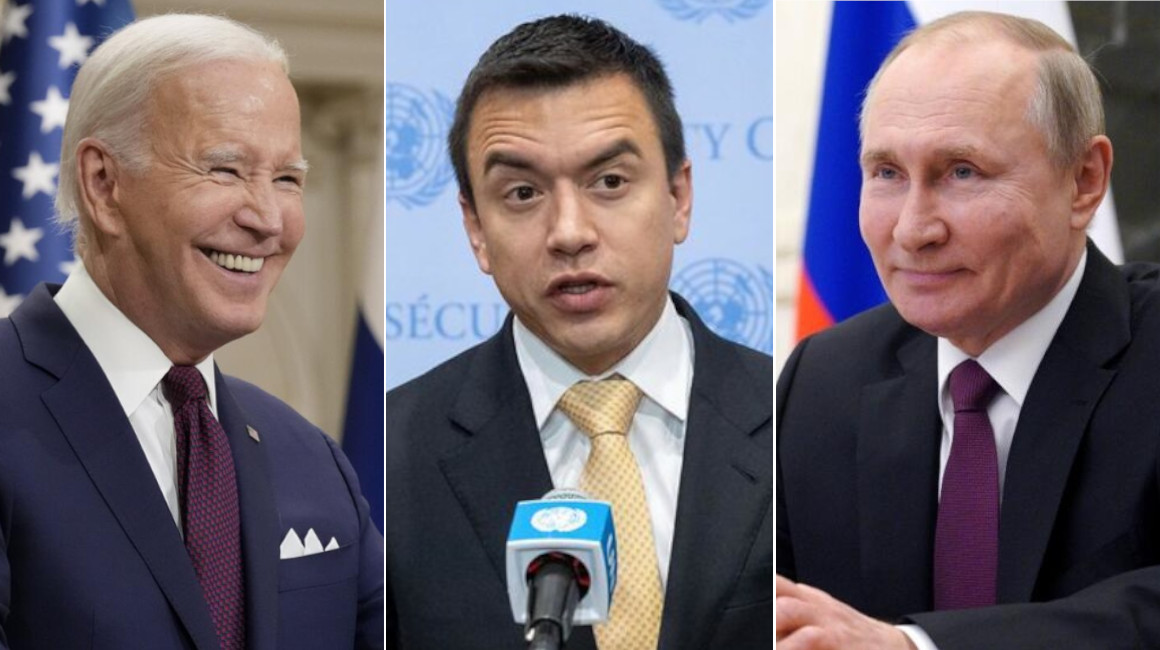 El presidente de Estados Unidos, Joe Biden, el presidente de Ecuador, Daniel Noboa, y el presidente de Rusia, Vladimir Putin.