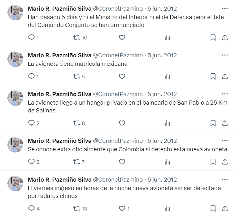 Captura de pantalla de las publicaciones de Mario Pazmiño, el 5 de junio de 2012, en X (antes Twitter).