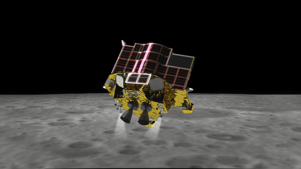 Una recreación del módulo espacial SLIM en la superficie de la Luna.
