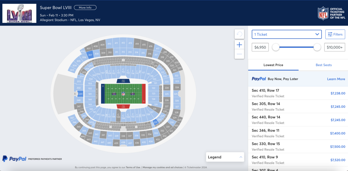 Precios de las entradas al  Super Bowl LVIII, 3 de febrero de 2024.