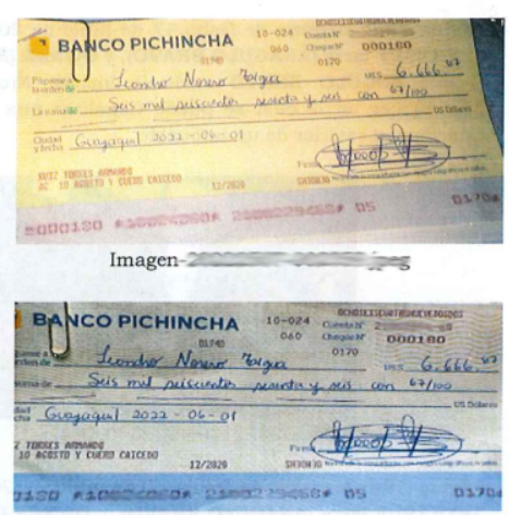 Imágenes de los cheques a nombre de Leandro Norero firmados por el mayor Armando Ruiz.